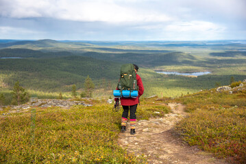 Woman hiking on mountain trail in Lapland Finland