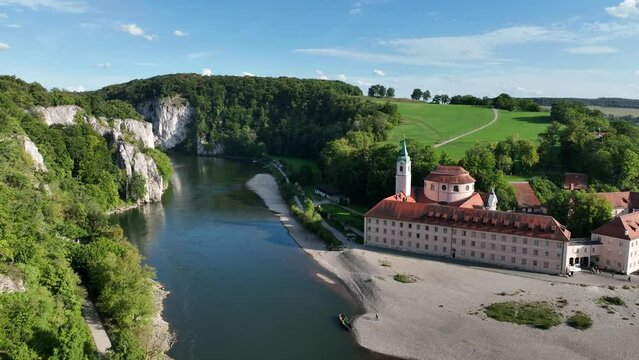 Aerial view of Weltenburg Monastery, Benedictine Abbey, on the Danube, Kelheim, Bavaria, Germany