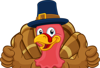 Turkey Pilgrim Hat Thanksgiving Cartoon Character - obrazy, fototapety, plakaty