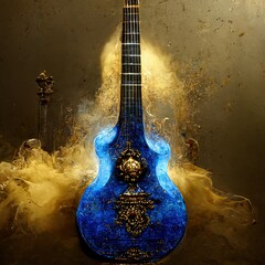 An ornate baroque guitar breaking on the marble tile floor, exploding into dust. Surreal, chaotic.