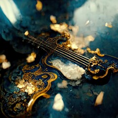 An ornate baroque guitar breaking on the marble tile floor, exploding into dust. Surreal, chaotic.