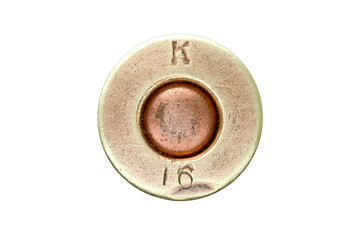 WW1 Japanese military bolt-action service rifles K 16 headstamp cartridge bottom shell casing isolated on white background. 6.5 made by Kynoch for Russia in 1916  - obrazy, fototapety, plakaty