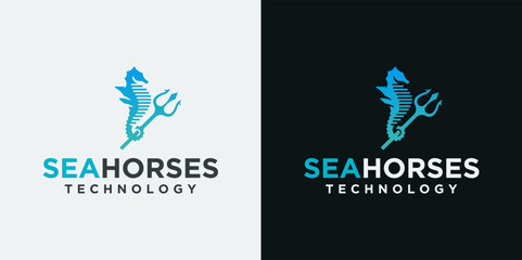 technology sea horse logo design, unique sea animal design, sea horse with technology concept © mhekar