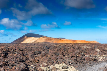 Lava path for Caldera Blanca Volcano in Lanzarote, Canary Islands,  Spain