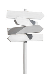 Blank white signpost with four planks in opposite way. Mock up, template - obrazy, fototapety, plakaty