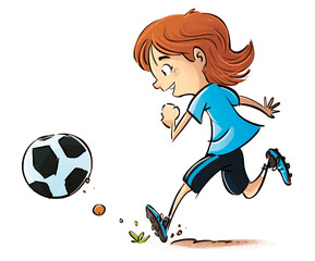illustration of young soccer player girl running with soccer ball - 529445515