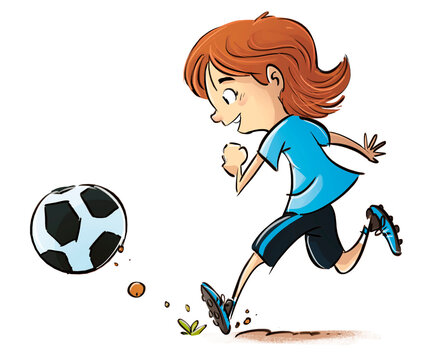 illustration of young soccer player girl running with soccer ball