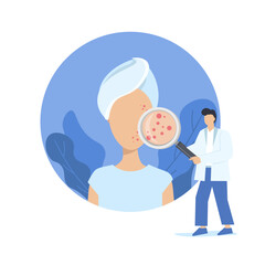 Acne skin. Medical examination of problematic skin. The doctor holds a magnifying glass and examines the acne skin