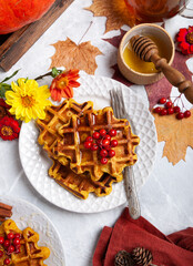 pumpkin waffles on a bright autumn table. autumn, halloween, holidays, holiday, halloween food, healthy food, organic food, farm products, autumn menu, concept.