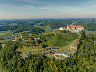 Austria - The Riegersburg castle surrounded by a beautiful landscape Located in the region of Styria from drone view