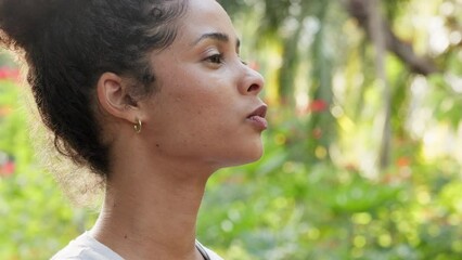 Exercise, fitness and woman using asthma pump in workout, training and wellness while running in nature or park. Asma attack, inhaler and medical product for anxiety, stress and breathe health. - Powered by Adobe