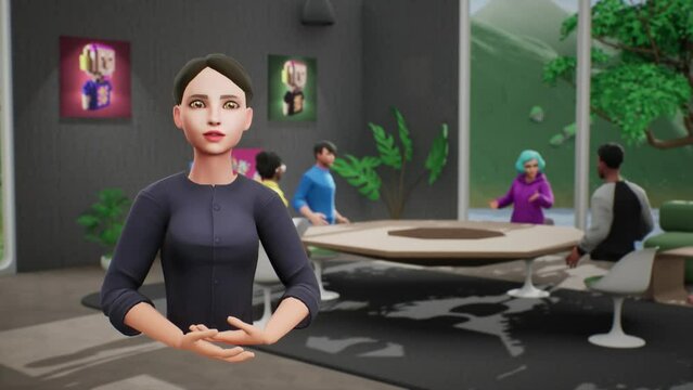 Virtual female blogger in the metaverse. VR vlog. People communicate on background. Vlogger show in a virtual office meeting room on a sunny day with NFT pictures and 3d furniture. Blog.