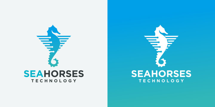 technology sea horse logo design, unique sea animal design, sea horse with technology concept