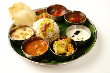 Onam feast Ona Sadya - vegetarian Thali  isolated on white background with copy space
