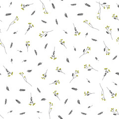 Vector hand-drawn small branches with green berries and ornamental leaves seamless pattern. Minimalistic floral background. Botanical repeatable simple backdrop.
