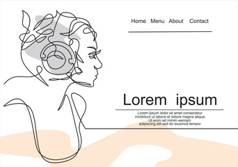 Fototapeta premium woman listening to music in headphones-Continuous one line. Can used for logo, emblem, slide show and banner. Illustration with quote template.