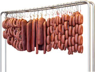 Turkish food bacon (pastirma) hanging on luxury delicatessen counter. traditional appetizer of the month of ramadan.