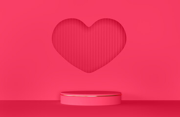 Pink сylinder pedestal or stand podium in hearth shape window. Valentine day minimal scene for product display presentation. 3d rendering,