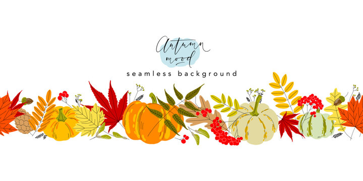 Falling autumn leaves, berries, seeds, cone and acorns seamless border pattern. Vector illustration. Background for headers, cards, covers, wallpapers, promo materials.