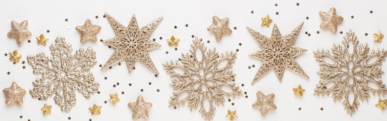 Christmas composition. Christmas decorations on white background. Flat lay, top view