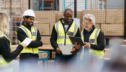 Successful warehouse team reading some reports during a meeting