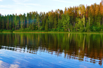 Fototapeta na wymiar -Wild nature, picturesque water landscape. Coniferous forest and sunset sky are reflected in the water, ripples and waves on the water. Calm quiet evening, harmony. Cloudy blue sky. Backgroun