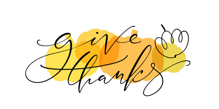 Hand drawn Thanksgiving Day Background. Vector illustration with thin script give thanks lettering on pampkin shapes background. Horizontal greeting card.
