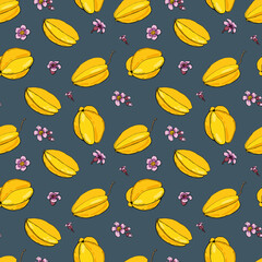 Carambola. Fruit seamless pattern with Carambola. Design for fabric, textile, wallpaper, packaging.	