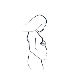 Pregnant woman line art stock illustration.  Pregnant woman symbol. woman hugging her tummy, enjoying her pregnancy