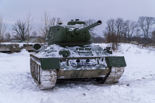 Russia. Saint-Petersburg. Krasnoselsky district. December 12, 2021. The legendary Soviet T-34 tank is parked in the historic Steel Landing tank Park.