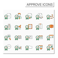 Approve color icons set. Accept, allow, officially agree with laws, projects. Approving schedule, time. Confirmed concept. Isolated vector illustrations