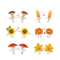 Set of autumn people made leaves, fly agaric mushrooms, pumpkin, sunflower and wheat ear with happy face, smile eyes, in love with emotion, holding hands and with legs. Festive decoration