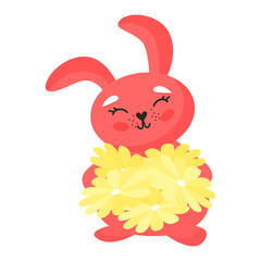 Funny rabbit holding flowers. Cute animal