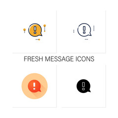 Round notification sign icons set. Fresh message. Exclamation pointer. Alarm sign. Warnings concept.Collection of icons in linear, filled, color styles.Isolated vector illustrations