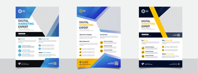 A bundle of 3 templates of A4 flyer, Flyer template layout design. business flyer, brochure, marketing, business proposal, promotion, advertise, publication,  new digital marketing flyer set