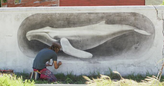 Video of caucasian male artist with dreadlocks kneeling painting whale mural on wall