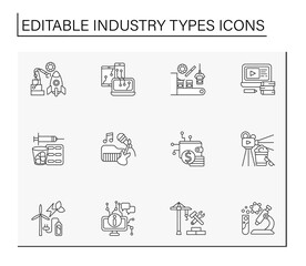  Industry types line icons set. Manufacturing of productions, creating content and sharing to people. Business concept. Isolated vector illustrations. Editable stroke