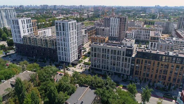 Drone aerial view modern building Residential complex Nice town. Construction of residential premises. Kyiv capital of Ukraine