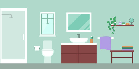 Bathroom interior with detergents and plant