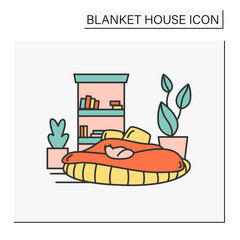 Bedroom color icon. Cozy bedroom with comfortable mattress and houselant, bookcase. Modern bedroom. Home interior and furniture. Blanket house concept. Isolated vector illustration