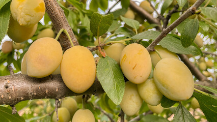 Beautiful ripening yellow plums on a branch.