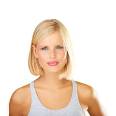 Face portrait of a serious, blonde woman with attitude on a png, transparent and mockup or isolated...