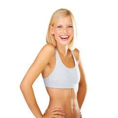 Fototapeta premium Fitness, exercise and a healthy body of a woman after her workout and training on a png, transparent and mockup or isolated background. A beautiful blonde girl feeling fit and confident in wellness