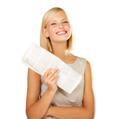 Newspaper, business paper and a woman searching for a work opportunity, reading stock market or...