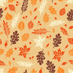 Seamless pattern with autumn leaves and rose hip in Orange, Brown, Red and White on beige background. Perfect for wallpaper, gift paper, pattern fills, web page background, autumn greeting cards.