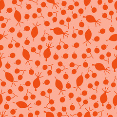 Seamless pattern with autumn rose hip on light pink background. Perfect for wallpaper, gift paper, pattern fills, web page background, autumn greeting cards. Vector illustration