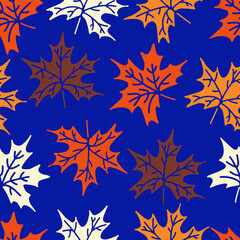 Autumn seamless pattern with maple leaves, seasonal colors. Perfect for wallpaper, gift paper, pattern fills, web page background, autumn greeting cards. Vector illustration