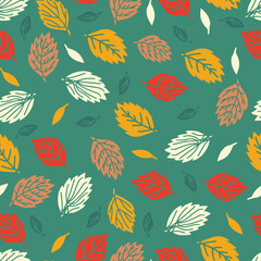 Seamless pattern with autumn leaves in Orange, Beige, Red and White on green background. Perfect for wallpaper, gift paper, pattern fills, web page background, autumn greeting cards.