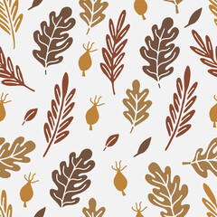 Autumn seamless pattern with different leaves and plants, seasonal colors. Perfect for wallpaper, gift paper, pattern fills, web page background, autumn greeting cards. Vector illustration