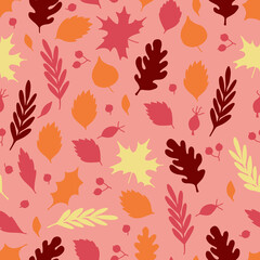 Seamless pattern with rose hip and autumn leaves in Orange, Brown, Pink and Yellow. Perfect for wallpaper, gift paper, pattern fills, web page background, autumn greeting cards. Vector illustration